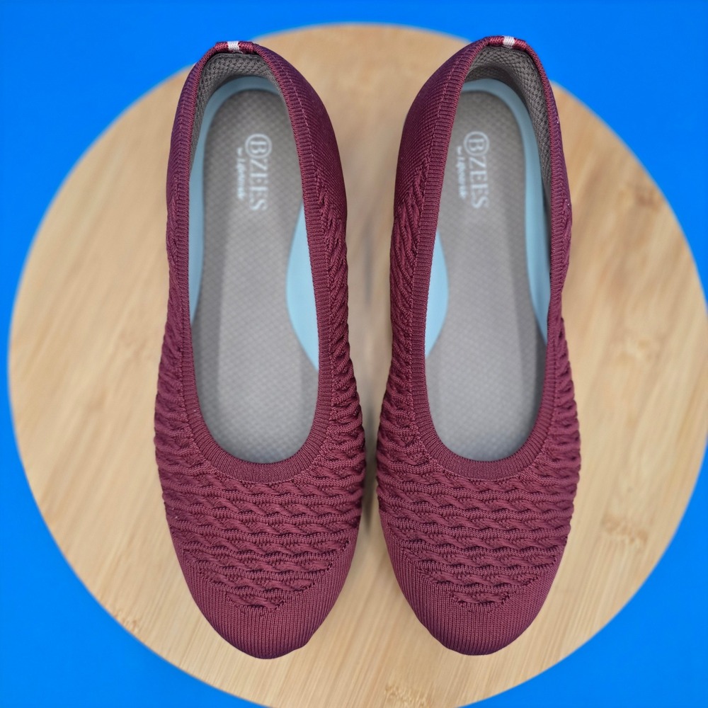 Bzees Khloe Ballet Flats Womens 8.5M Burgundy Knit Comfort Slip On Shoes‎